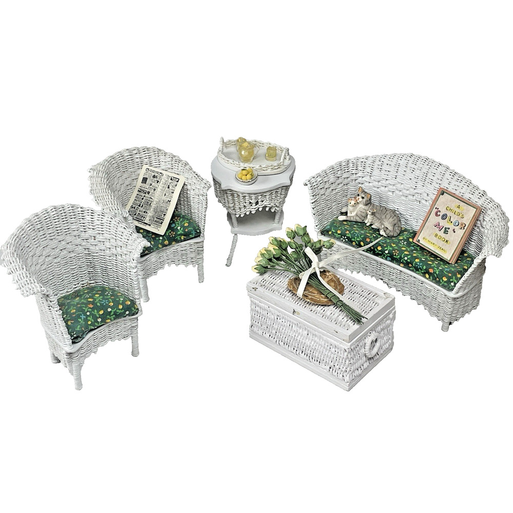 Wicker White Furniture Vtg 5 pc Set 1:12 Dollhouse Miniature + Accessories Decor
